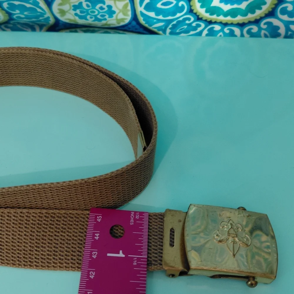 Vintage Boy Scouts of America BSA Canvas Web Belt Solid Brass Buckle Tan 42.5